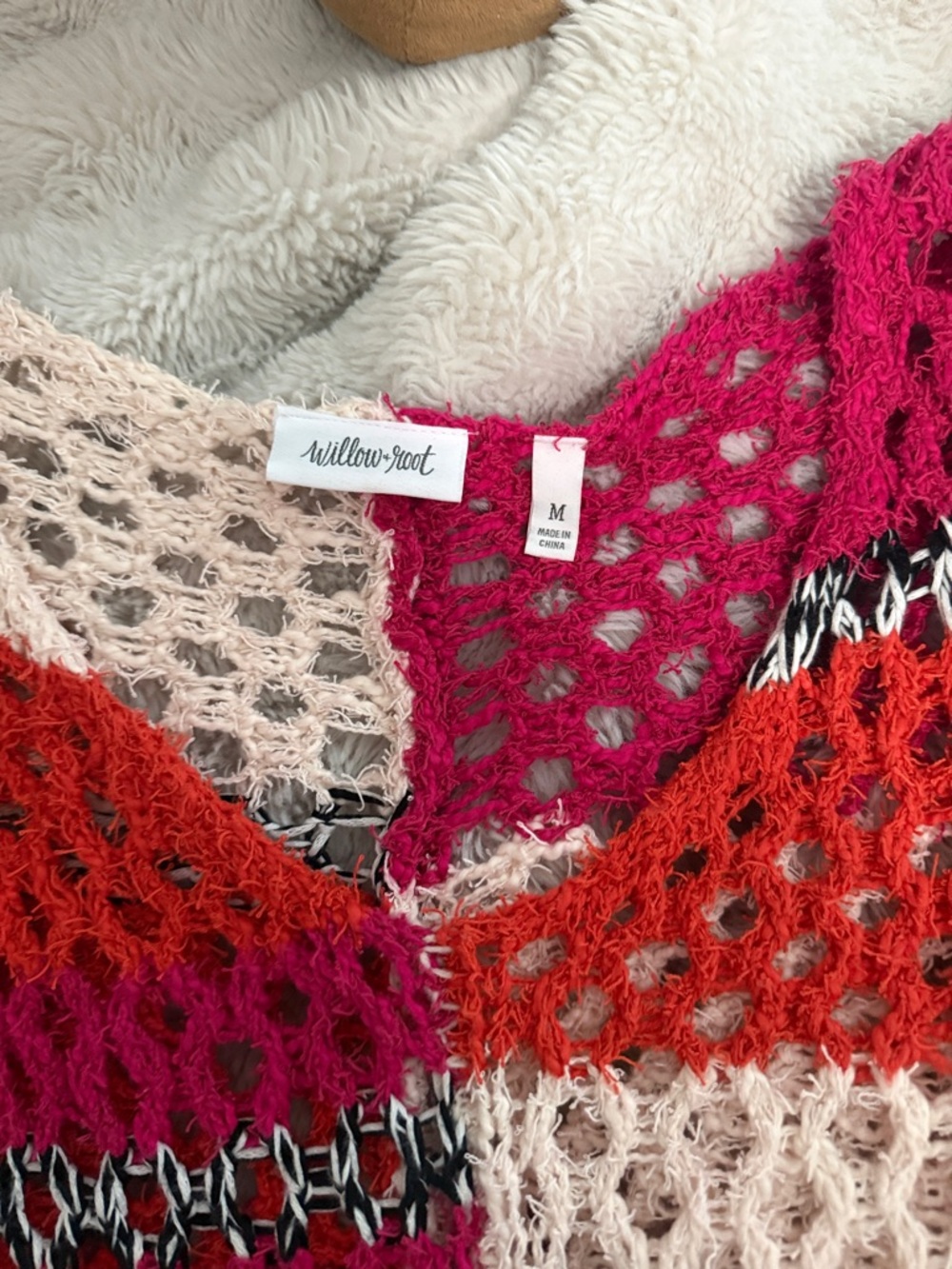 Open-Knit Colorblock Scoop Sweater - Pink, Red & Cream - Picture 2 of 6